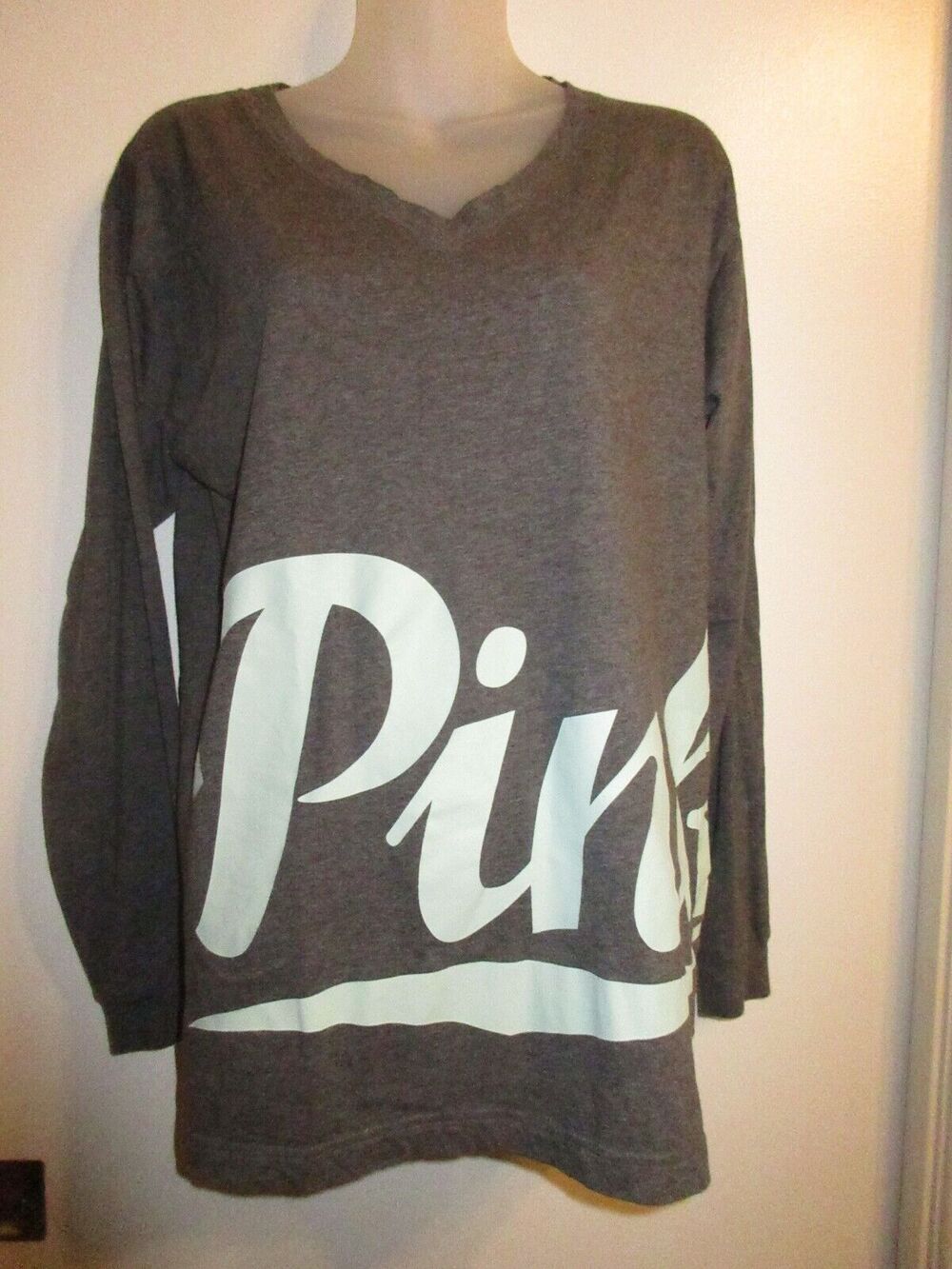 Victoria's Secret Pink S Crew Top Oversized Bright Mint Gray Logo Long Sleeve